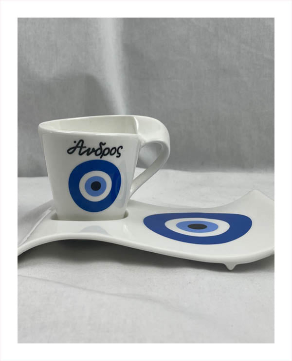 Curvy Evil Eye Greek Coffee Cup & Plate Set